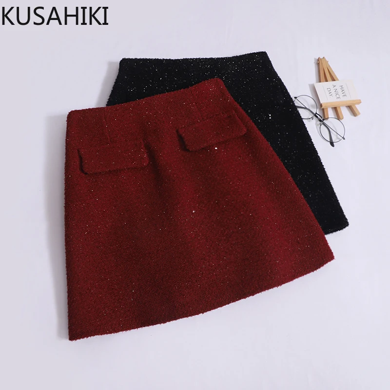 KUSAHIKI Tweed Bright Silk Short Skirt for Women's Spring Woolen Buttocks High Waist Versatile Spicy Girl Y2k Mini Skirts Mujer