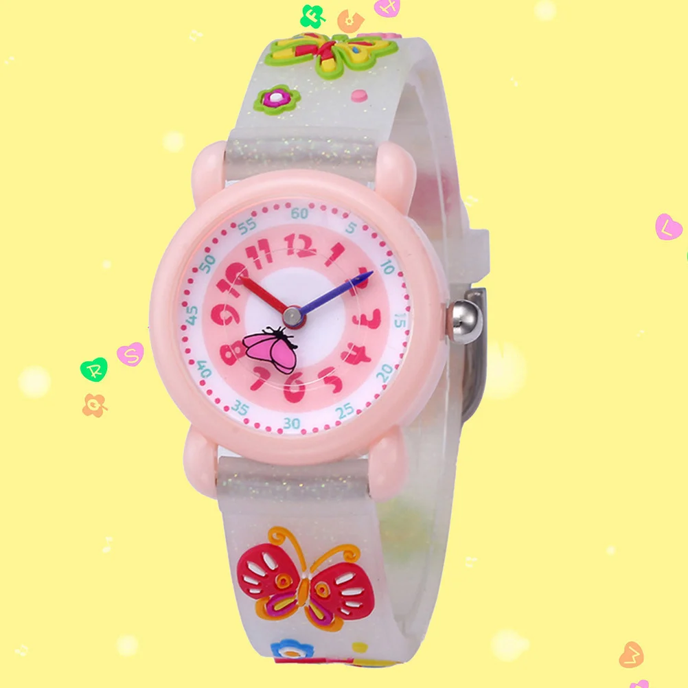 's 3D Cartoon Watch Waterproof Quartz Movement Silicone Band Time Teaching Gift for Butterfly Loose Powder White