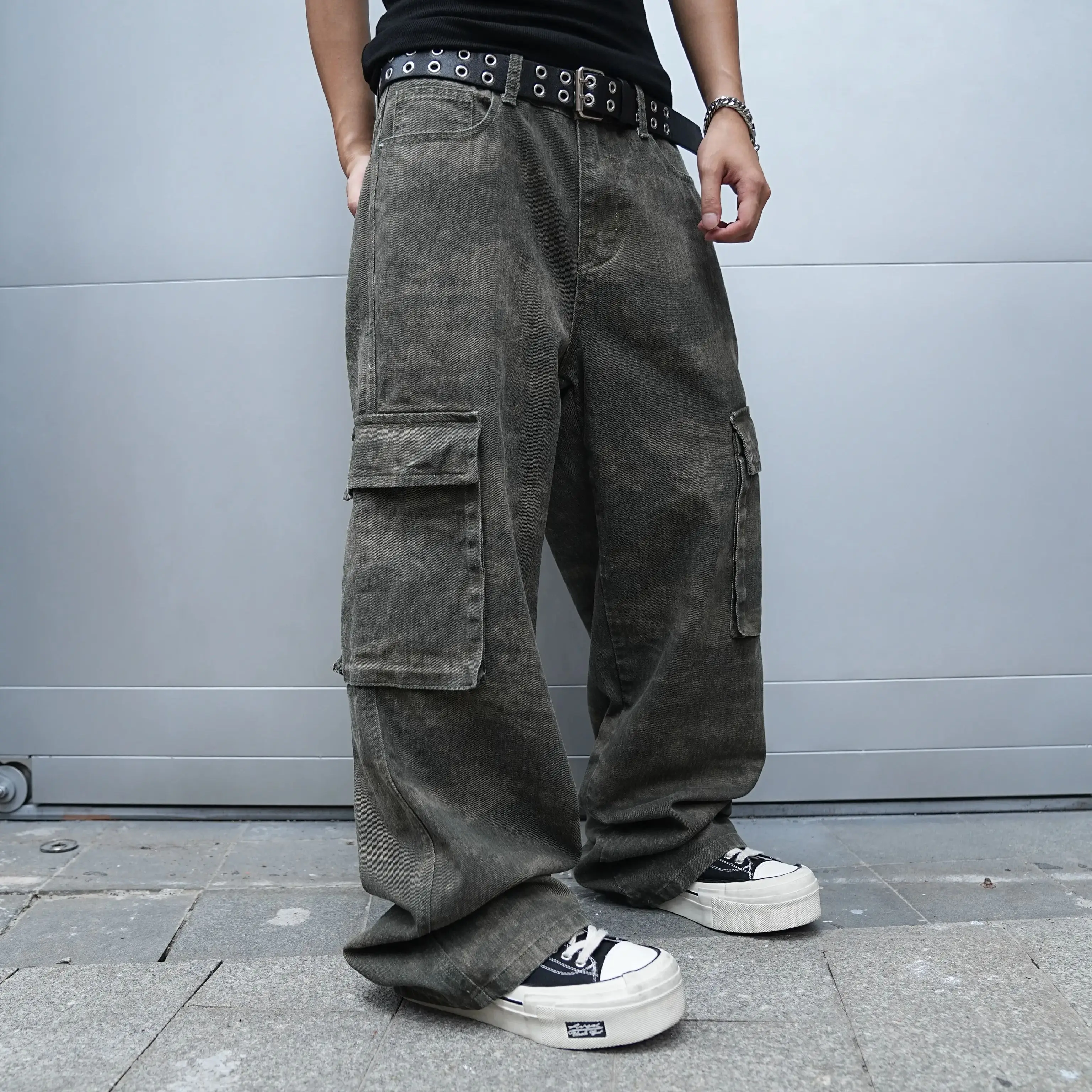 جينز كلاسيكي للرجال y2k من قماش الدنيم المتعثر للرجال ملابس الشارع جينز فضفاض واسع الساق فضفاض الهيب هوب سراويل مستقيمة غير رسمية #1