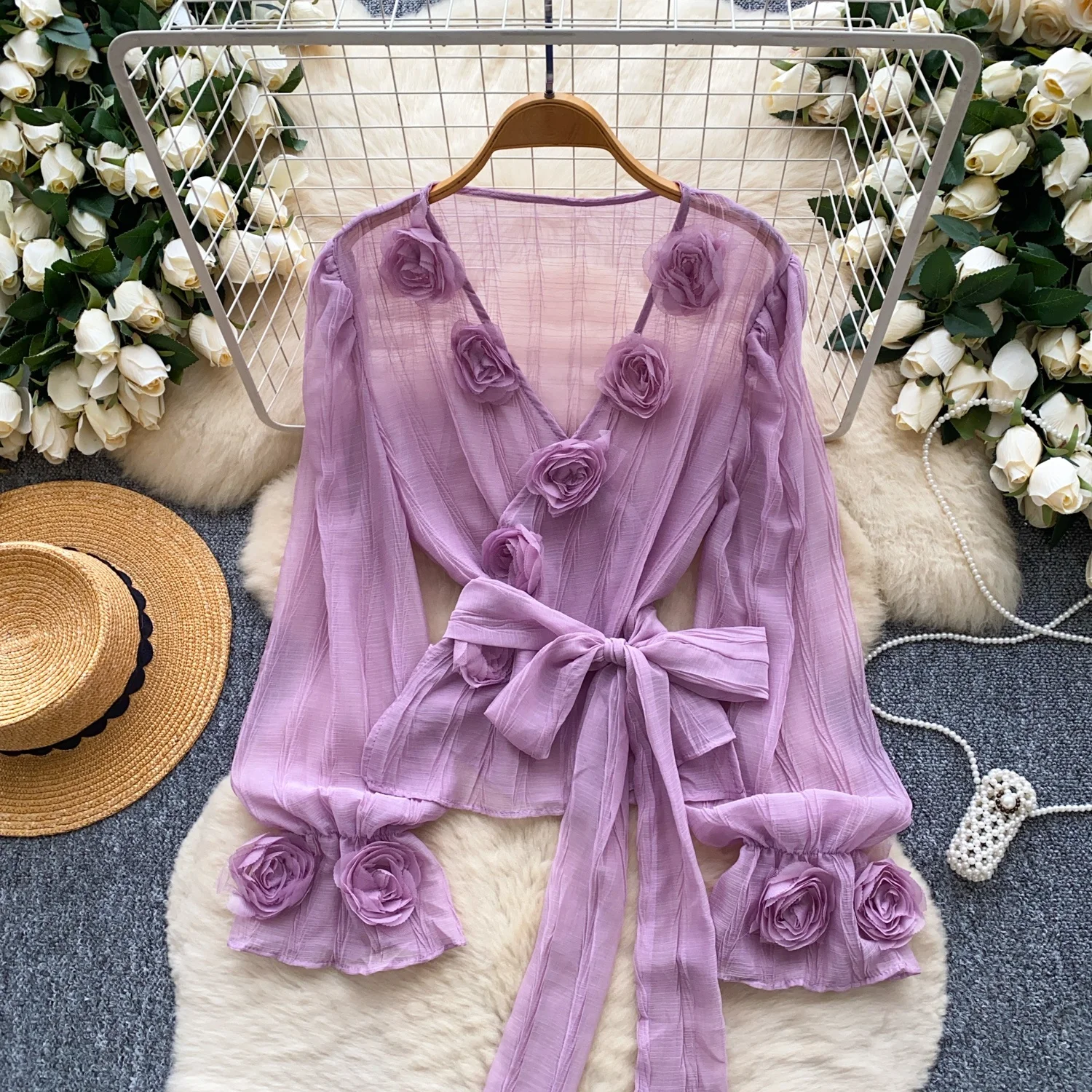

Clothland Women Sexy Flower Mesh Blouse Cross Design V Neck Sashes Flare Sleeve Shirt Transparent Chic Tops Blusa LB290