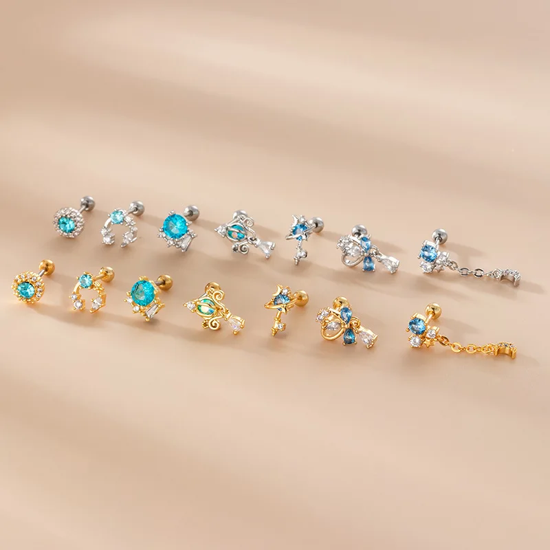 1PC Blue Zircon Dangle Cartilage Earrings For Women 20G Stainless Steel Gold Color Ear Conch Helix Snug Screw Back Earring Stud