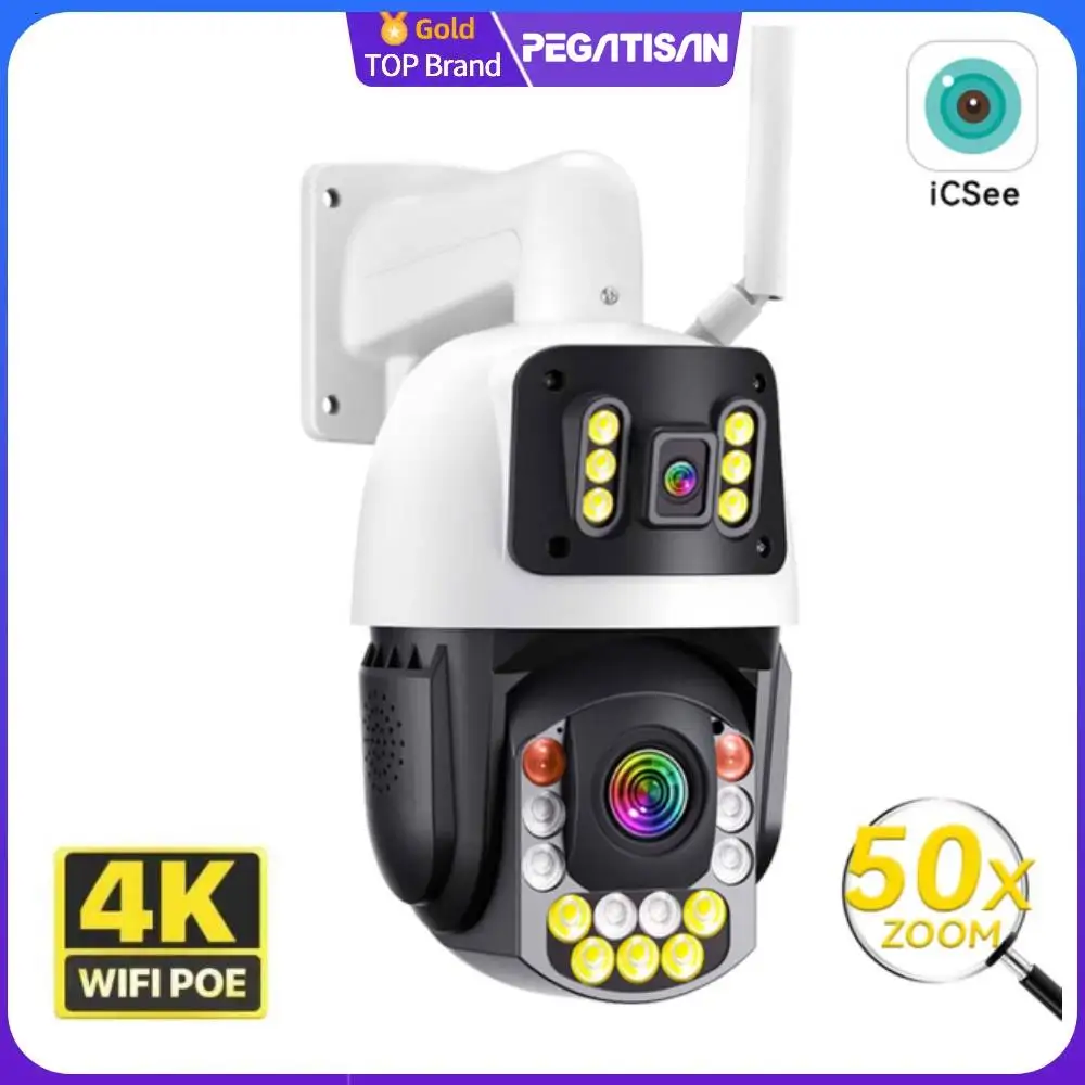 

PEGATISAN 8MP 4K HD 50X Zoom Display Wifi PTZ Camera Outdoor Dual Lens Dual Screen Color Night Vision IP Security Camera iCSee
