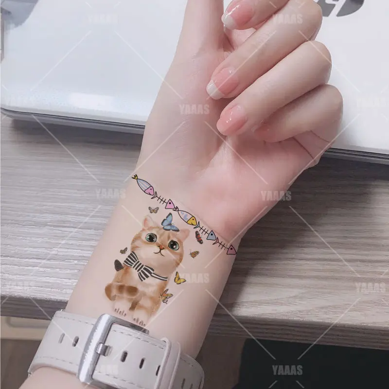 12Pcs Animals Cat Temporary Tattoo Sticker Watercolor Tattoos for Women Body Art Child Girls Hand Water Transfer Fake Tattoo