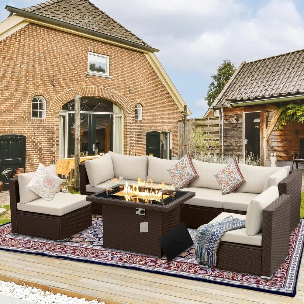 

Outdoor Patio Furniture Set with Propane Fire Pit Table, Large Wicker Outside Sectional Furniture Sofa Conversation Sets