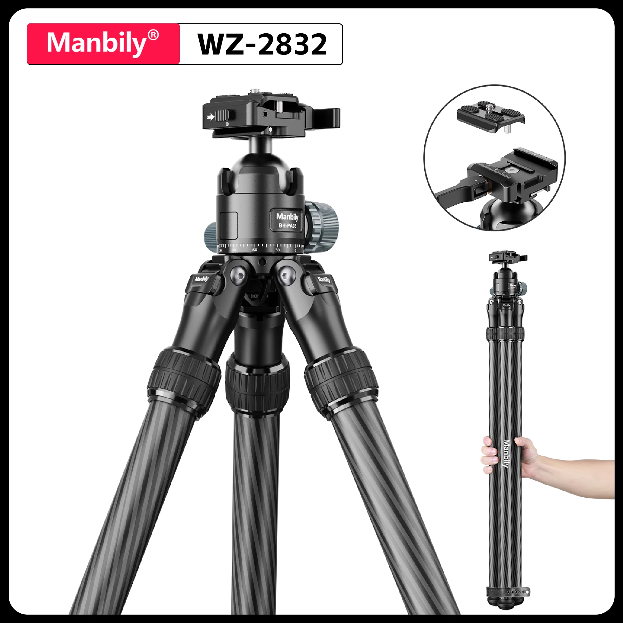 

Manbily WZ-2832 Professional Carbon Fiber Tripods Heavy Duty Head Hunting Tripod for Outdoor with 44mm Ball Head Max.Load 20kg