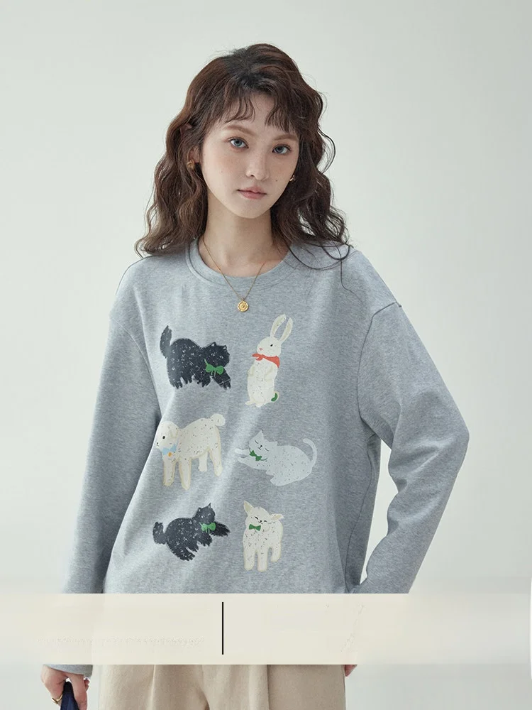 North Island AMUU Original Forest System Cartoon Print round Neck Long Sleeve Women's T-shirt Casual Loose Top for Spring
