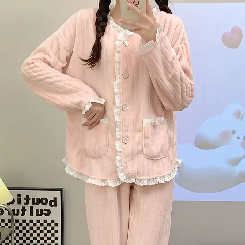 Pijama de lã coral quente feminino, terno grosso de duas peças, roupa de noite casual solta, roupa de noite monocromática, novo, outono, inverno, 2023