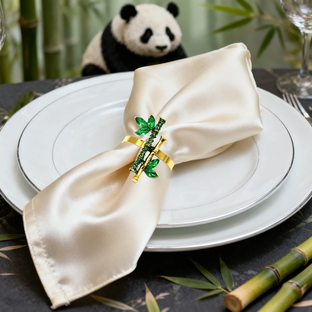 Dvianna 6Pcs Bamboo Napkin Rings Green Rhinestone Metal Napkin Holders Wedding Banquet Table Decorations