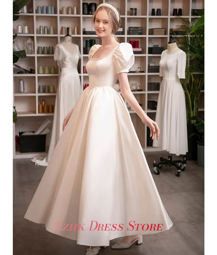 Robe de soirée en Satin classique personnalisée, ligne a, perles, haute qualité, col carré, manches courtes