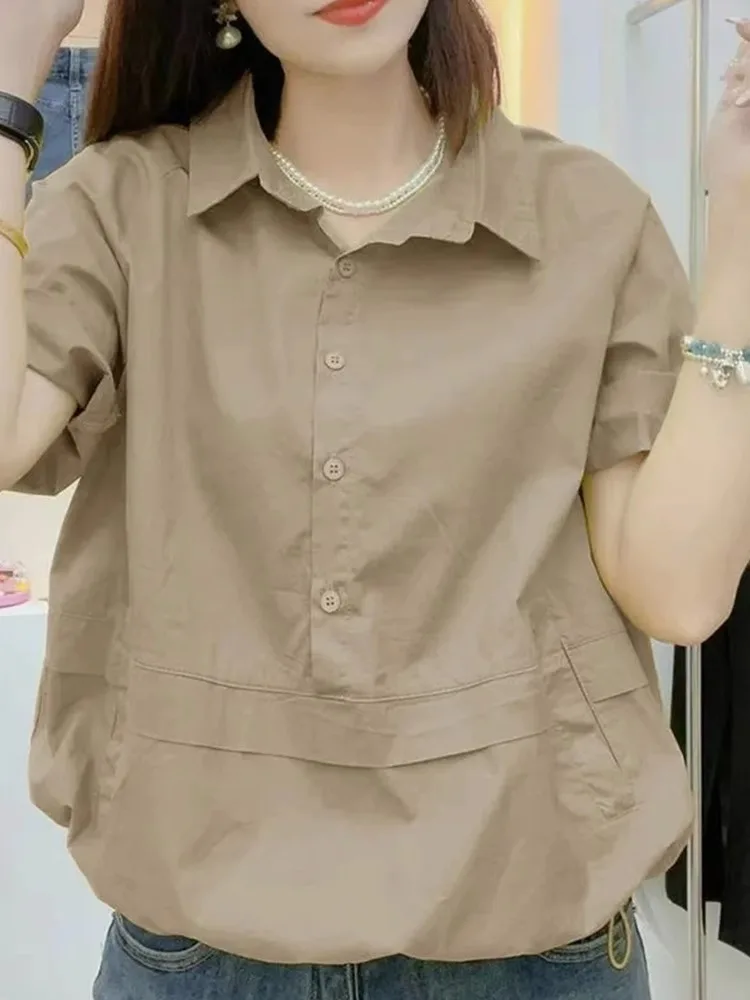 

Women's Loose ort Sve irt Slimming Design Summer New Sle Thin irt Korean Version Button Detail Pure Color Ne