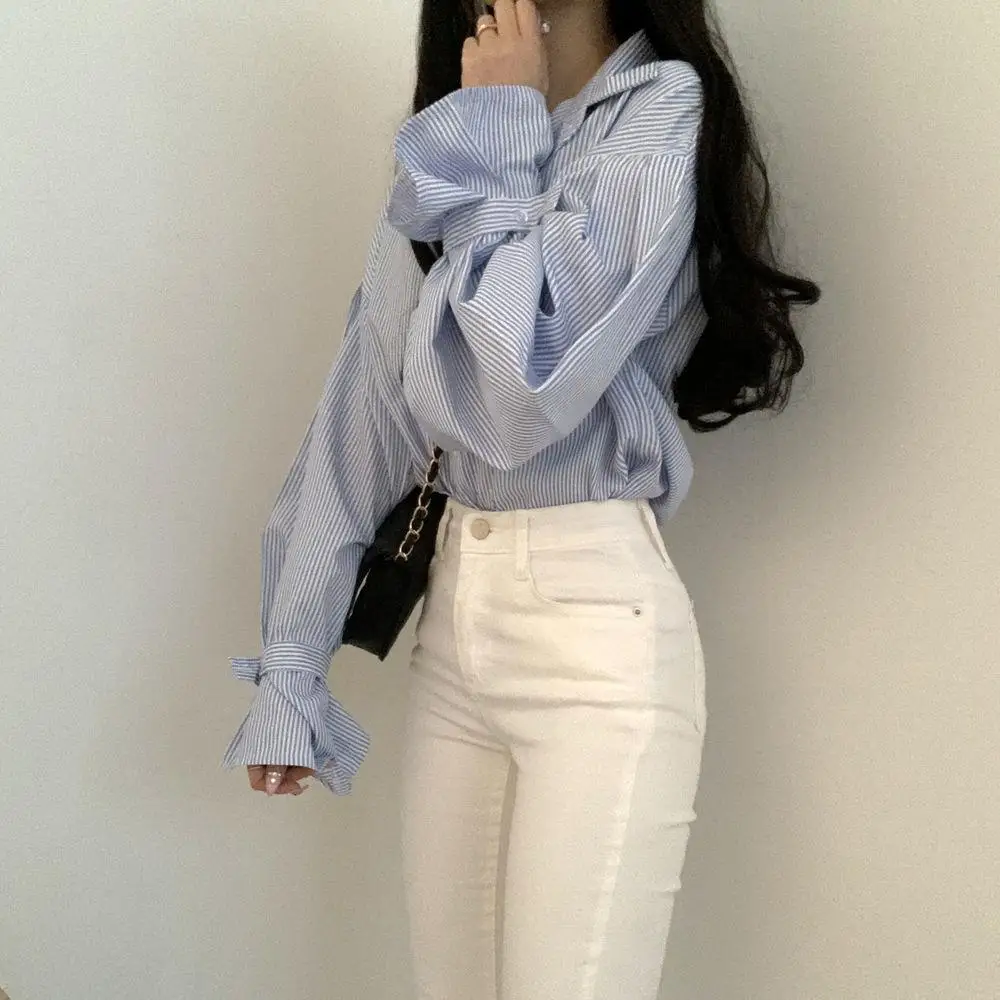 Women Striped Shirts Designer Lantern Sleeve Ulzzang Boyfriend Korean Style Fashionable Soft Tops Students All-match Casual New