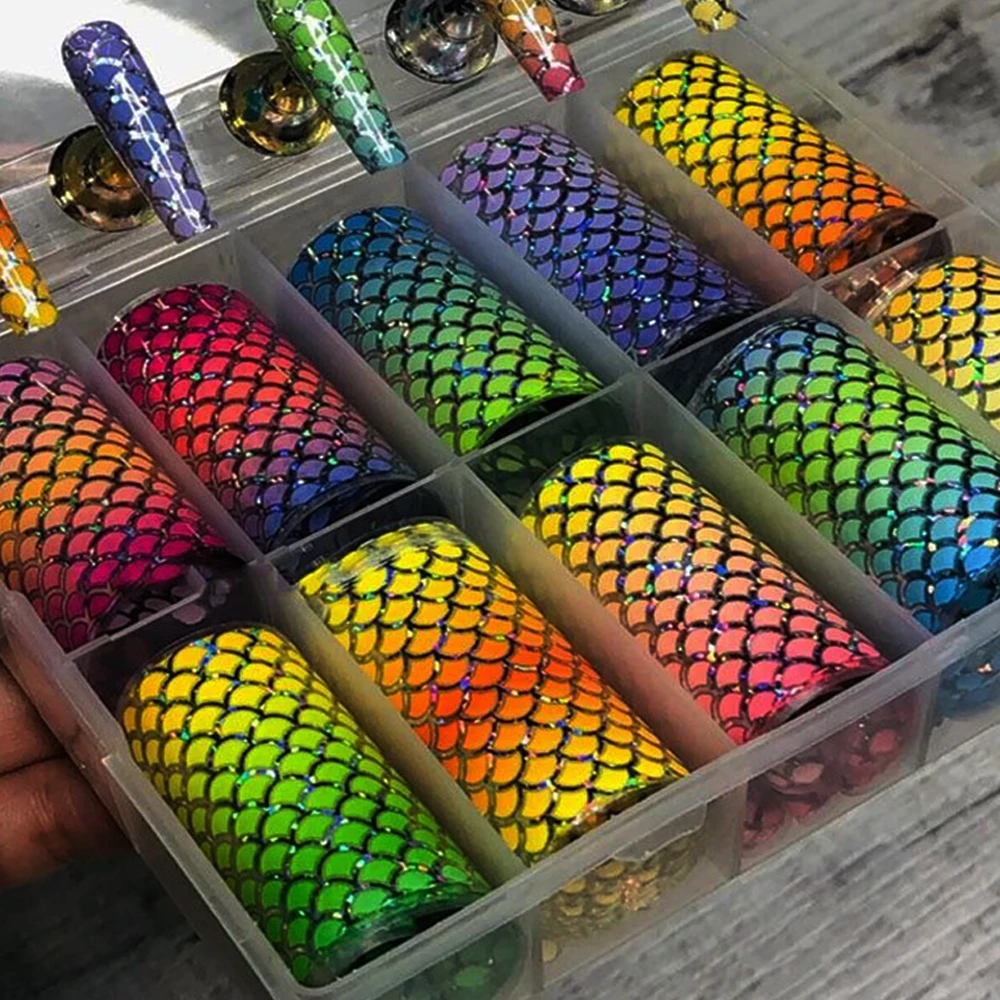 100x4cm Holographic Rainbow Gradient Fish Scales Nail Foil 10Rolls Laser Mermaid Fish Scales Nail Transfer Foils DIY Nail Wraps