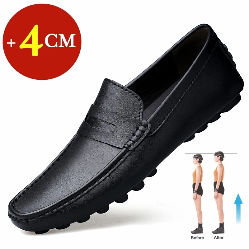 Comfortable Men Loafers Flat/4cm Elevator Shoes Men Sneakers Black White Soft Leather Men Flats Height Increase Taller Shoes