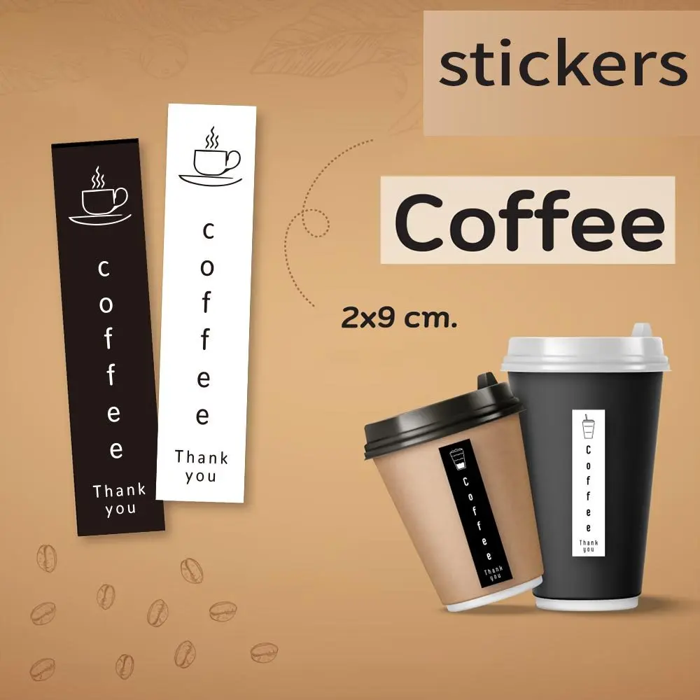 100Pcs Coffee Cup Thank You Stickers Black White Coffee Themed Sticker Labels for Small Business Packaging Party Favors