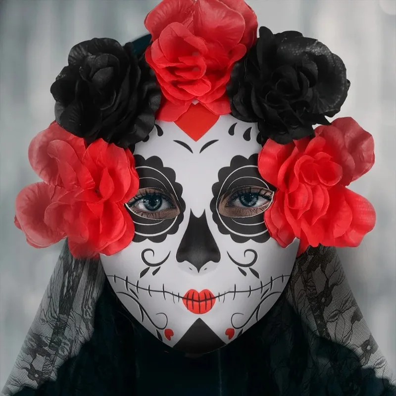 Fantasma Sposa Maschera di ruolo Halloween Terrore Abbigliamento Partita Labbra rosse Maschera di fiori Festa Gioca al ruolo Abbigliamento Copricapo Visiera