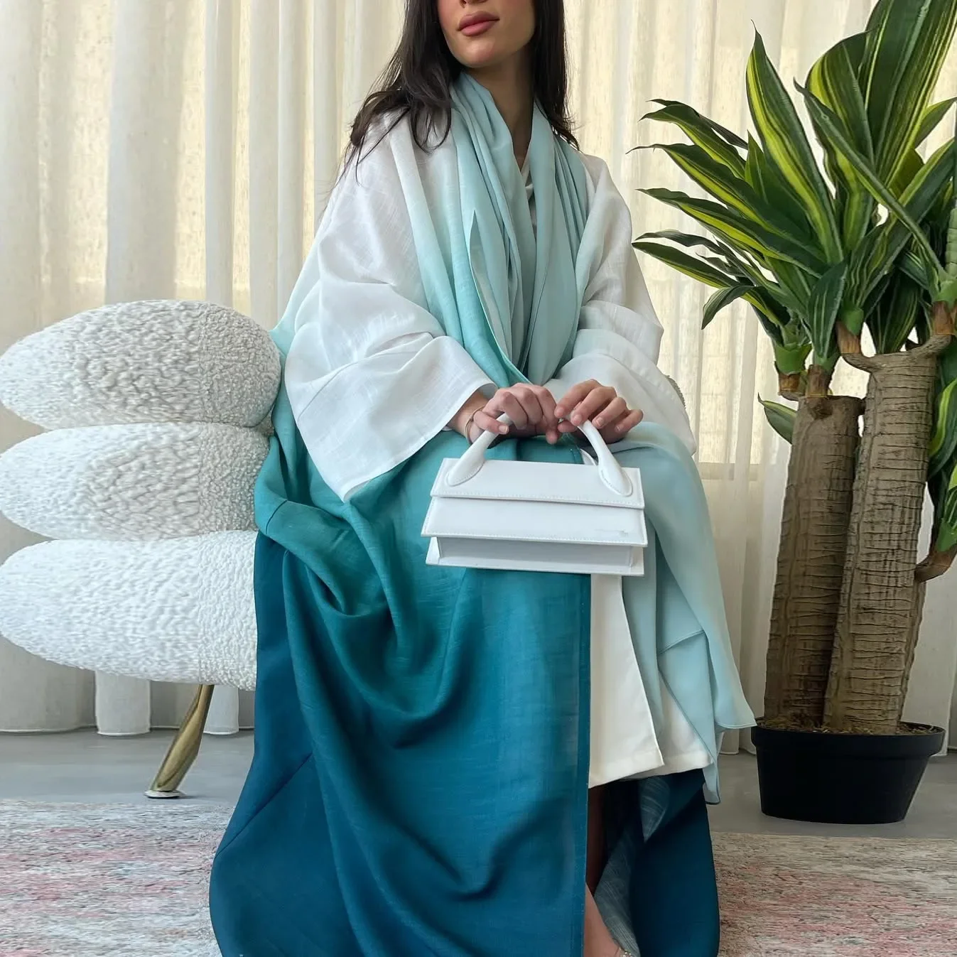 Abaya de dubaï pour femmes, ensemble de Robe Hijab de couleur dégradée Eid, Kimono musulman Cardigan Kebaya Caftan Marocain Femme Robe Islam Jalabiya