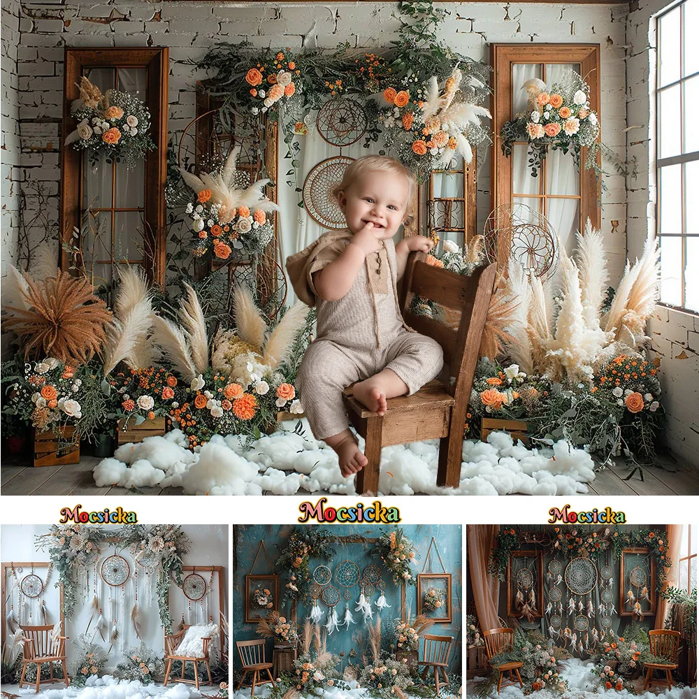 

Bohemian Wedding Background Dream Catcher Flowers Pampas Grass Backdrop Decoration Girl Baby Birthday Family Photo Studio Booth