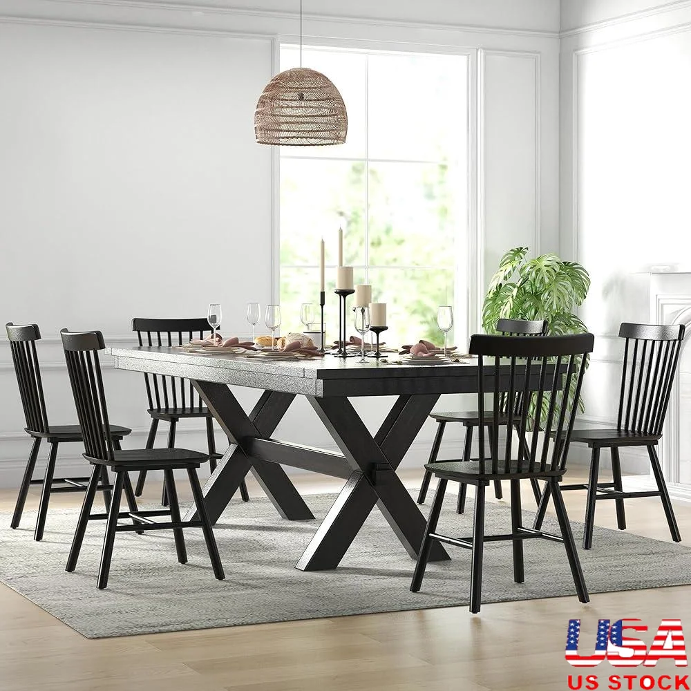 Set of 6 Windsor Dining Chairs Armless Solid Wood Spindle Back Farmhouse Side Chairs Easy Assembly Kitchen Furniture