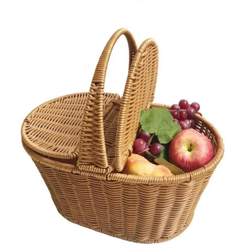 Picnic Basket with Handle, Handcrafted Rattan Garden Basket,Oval Outdoor Picnic Storage Basket