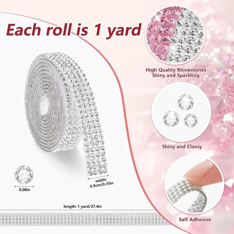 1Yard Self Adhesive Rhinestone Strip Crystal Bedazzling Strip Bling Rhinestone Ribbon Stickers For Crafts Fabric Car Shoes Decor