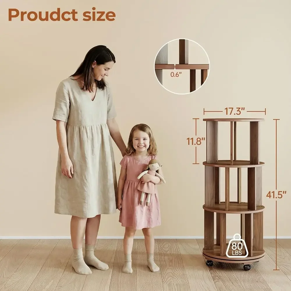 Rotating 3-Tier Bookshelf with Wheels, 360° Spinning Tower, Lockable Casters, Ideal for Small Spaces, Bedroom, Kids Room, Home O