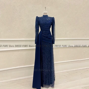 Abito da sera scintillante lungo di lusso per donna manica lunga festa di nozze musulmana lunghezza pavimento piega collo alto spettacolo formale Fiesta