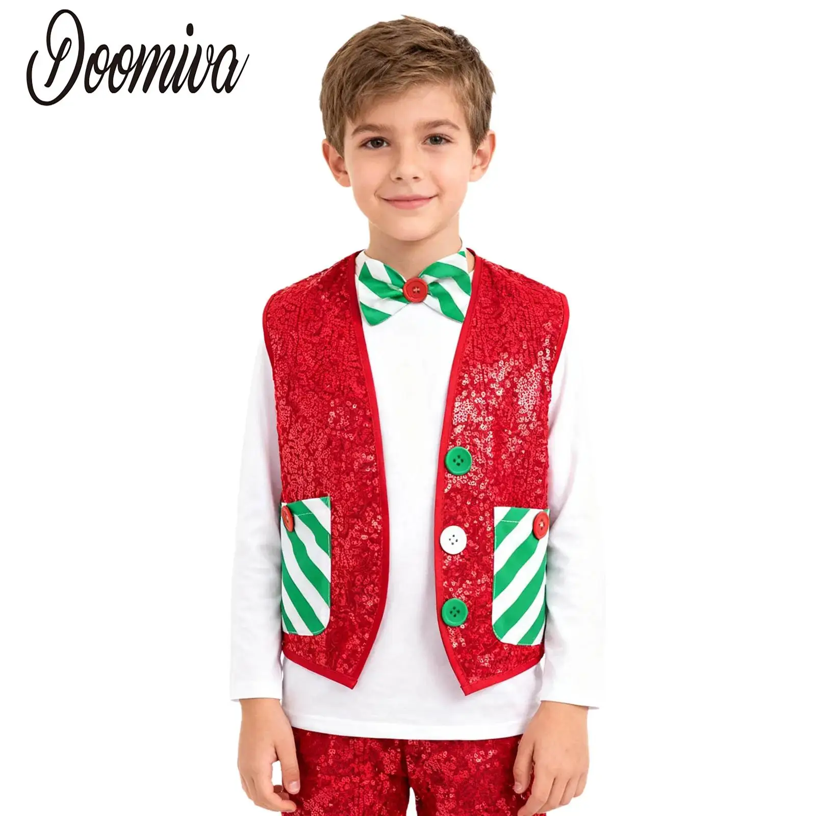 الأولاد عيد الميلاد سانتا قزم صدرية سباركلي الترتر سترة دون أكمام سترة مع ربطة القوس فيونكة لموسيقى الجاز اللاتينية ديسكو ملابس رقص #1