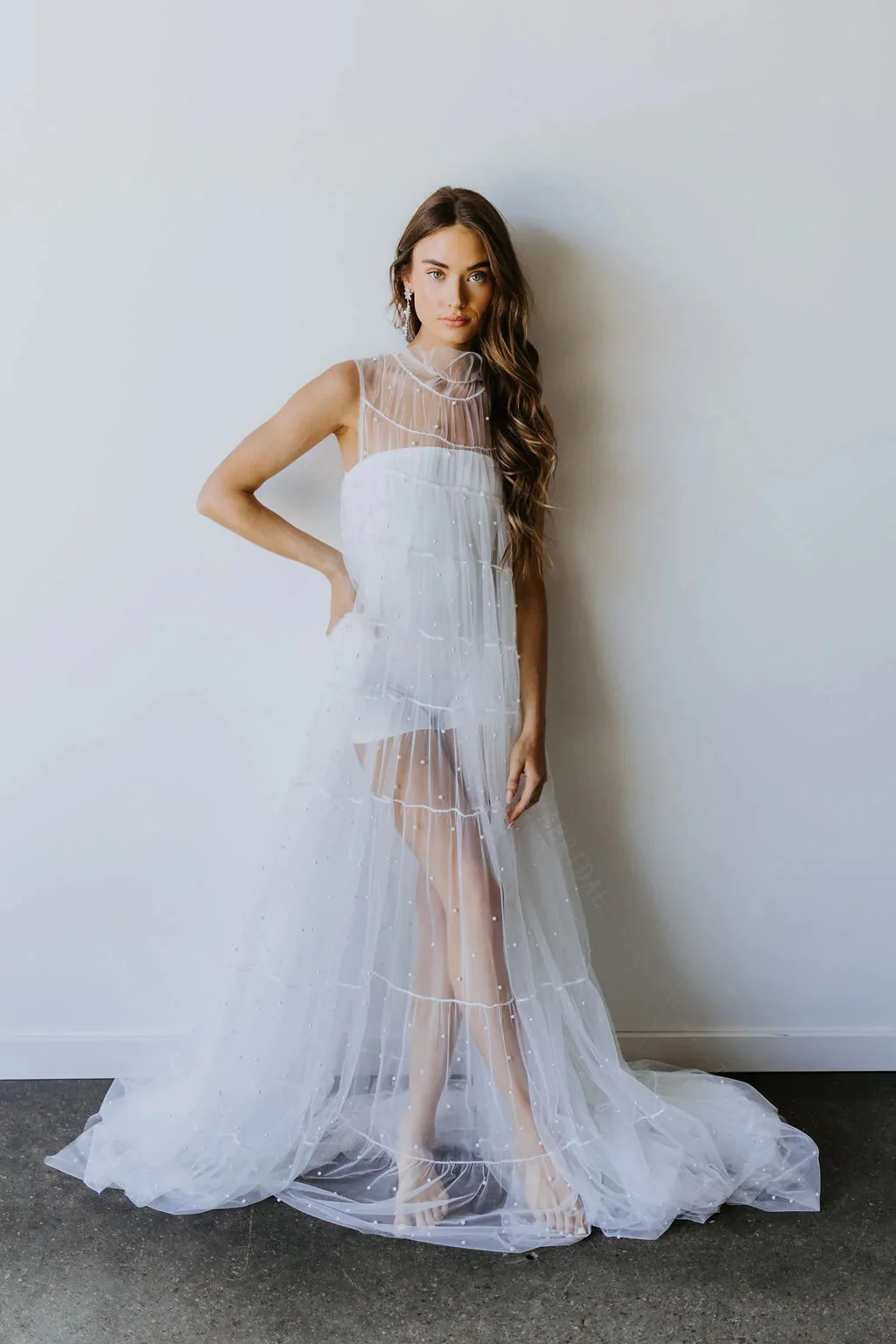 Sheer Ruffle Wedding Cape With Chic High Collar Studded With Beautiful Pearls Loose Outfit  DJ152