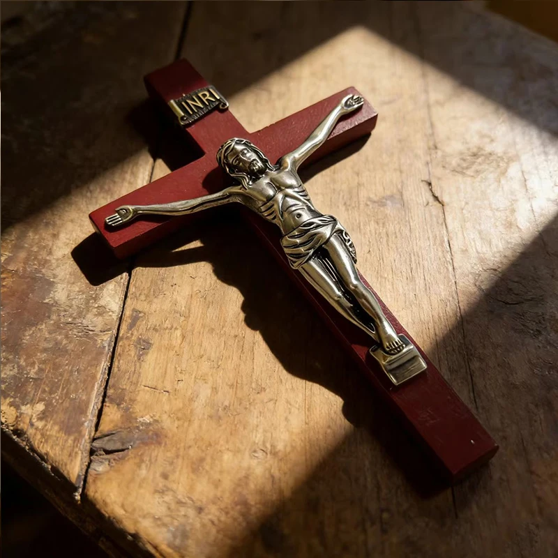 

Premium Red Wooden Wall Cross Crucifix with Silver INRI Jesus Design for Sacred Wall Decor Spiritual Decoration and Collection