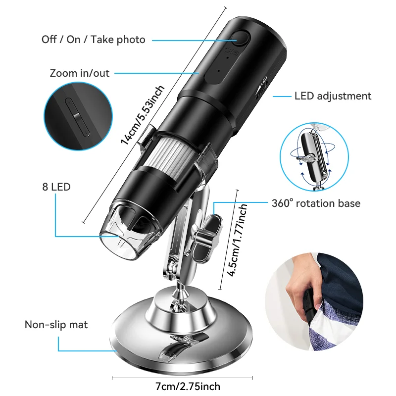 Wireless Digital Microscope 50X-1000X Magnification Flexible Stand for Android IOS iPhone PC Electronic Stereo Wifi Microscope