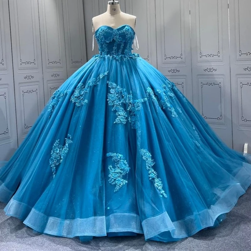 

Blue Shiny Princess Sweet 16 Quinceanera Dresses Off The Shoulder Applique Lace Tull Party Birthday Vestido De 15 Anos