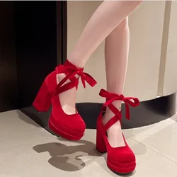 Suede Super High Heels Mary Jane Women Shoes Lolita Dress Sandals Chunky Shoes 2024 Summer Designer Pumps Zapatillas De Mujer