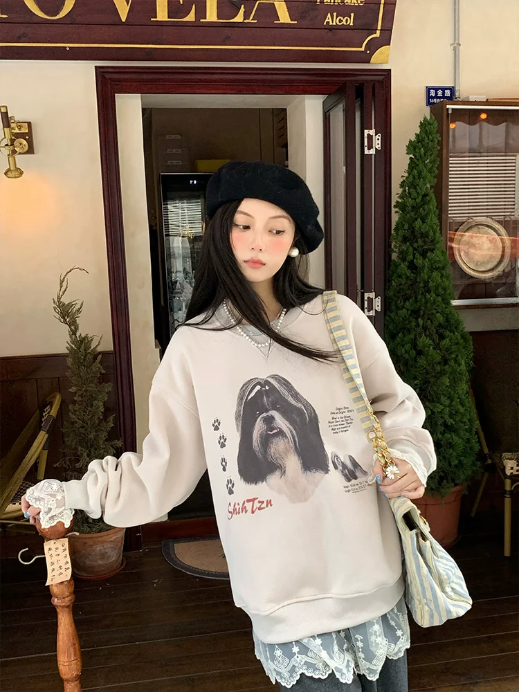 Autumn Winter Women Loose Thick Warm Dog Print Sweatshirts