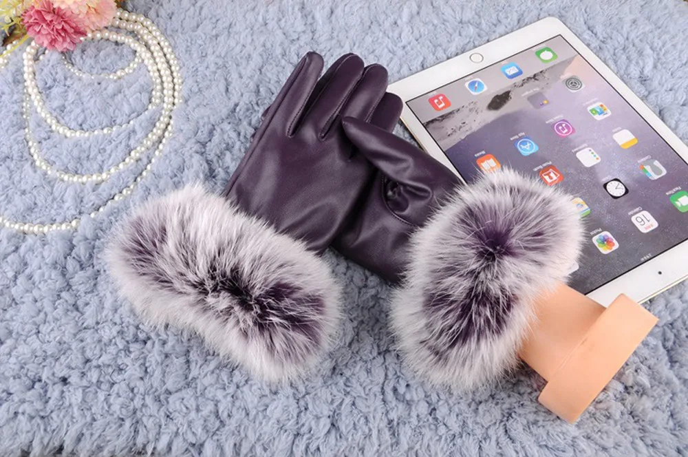Winter Warm Mitten Women Faux Leather Rabbit Fur Balls Female Gloves Causal Wrist Soft Covered Finger Fitness Gloves