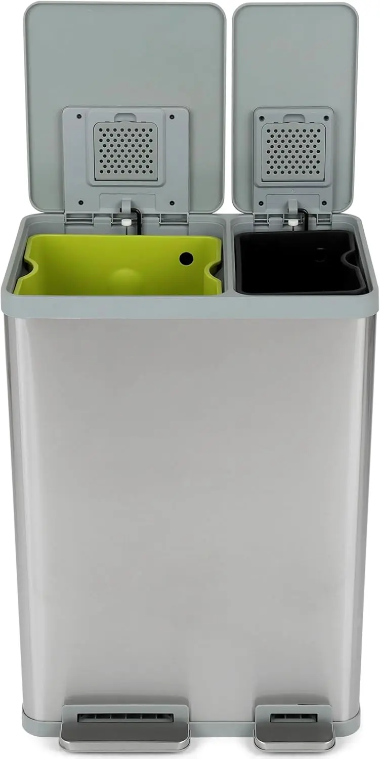 

60 Liter / 16 Gallon Rectangular Hands-Free Dual Compartment Recycling Kitchen Step Trash Can with Soft-Close Lid