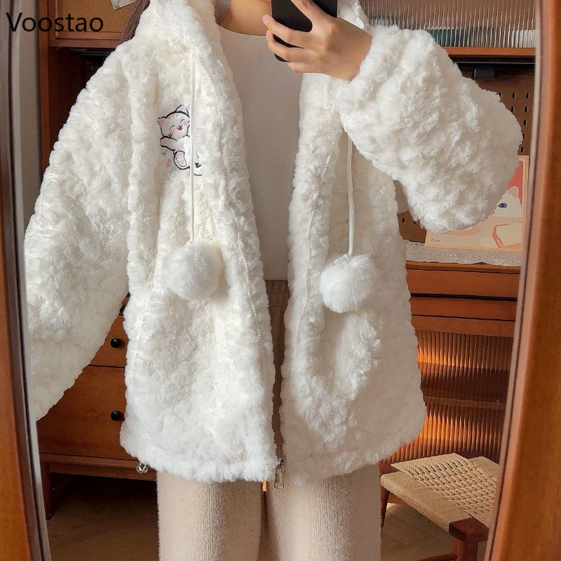 Autumn Winter Kawaii Lolita Style Plush Coat Women Sweet Embroidery Cat Ears Hooded Jacket Girls Harajuku Cute Faux Fur Overcoat