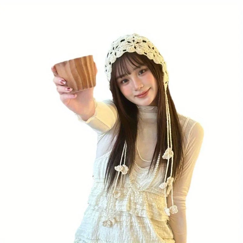 Handmade Knitted Flower Tassel Hat with Ethnic Style Hollow Hook Flower Hat for Travel