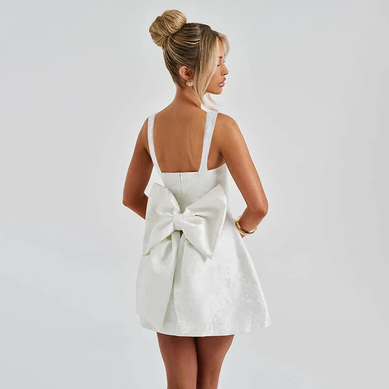 Elegante Bowknot A-line vestidos de fiesta de noche rosa blanco mujeres cuello cuadrado túnicas sin mangas cremallera vestido corto de cumpleaños vestidos