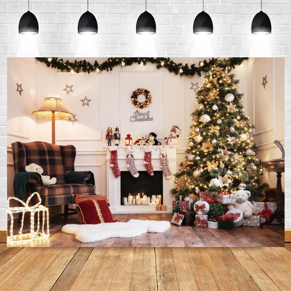 Christmas Backdrop for Photography Interior Xmas Winter Fireplace Window Gifts  Family Kids Portrait Photocall Background Studio