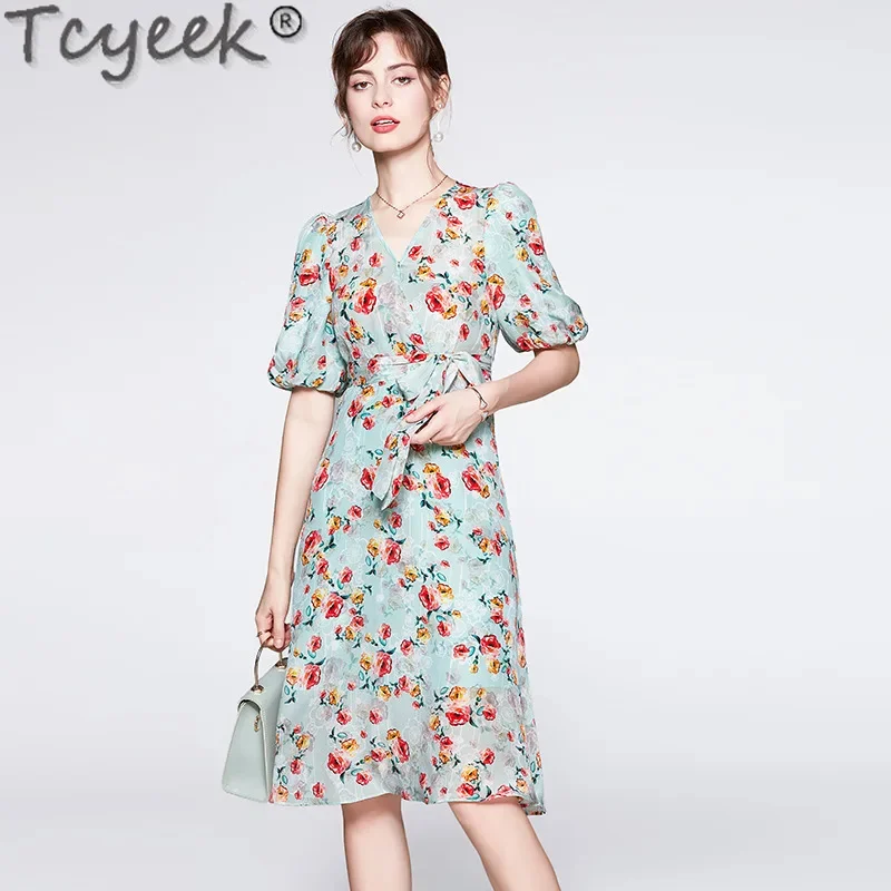 Tcyeek-vestido Midi de seda auténtica para mujer, ropa elegante de verano con cuello en V y cintura alta, 100%