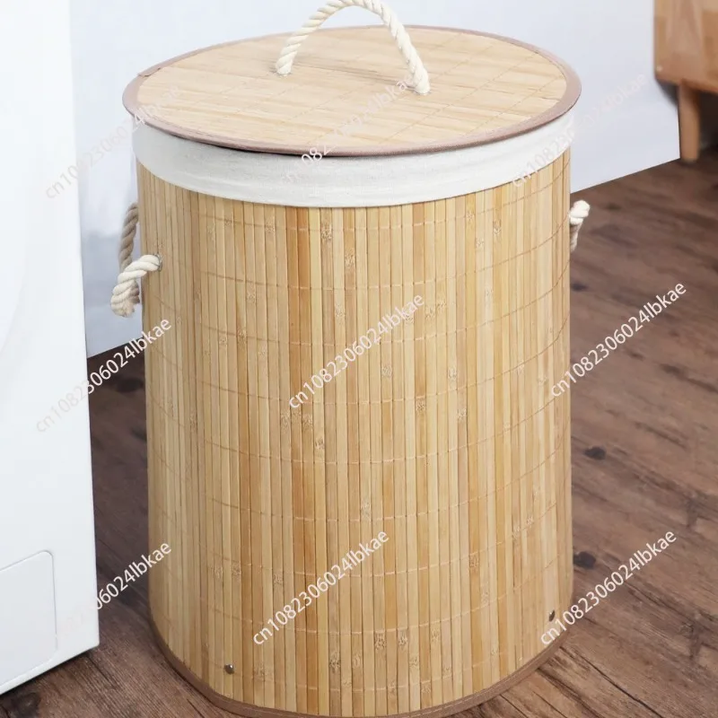 Portable Large Capacity Household Foldable Rattan Laundry Basket in Natural Material Bamboo, Eco-Friendly Storage with Cover