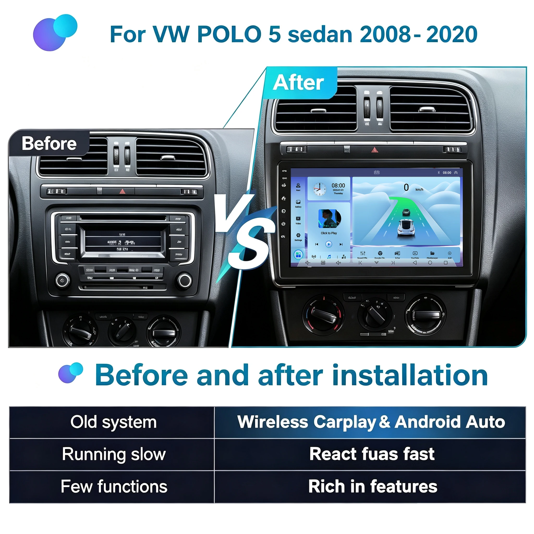 Cortex-A76 Octa-Core Android 16 Car For Volkswagen VW polo 5 sedan 2008 - 2020 Navigation Wireless Head Unit QLED No 2din DVD BT
