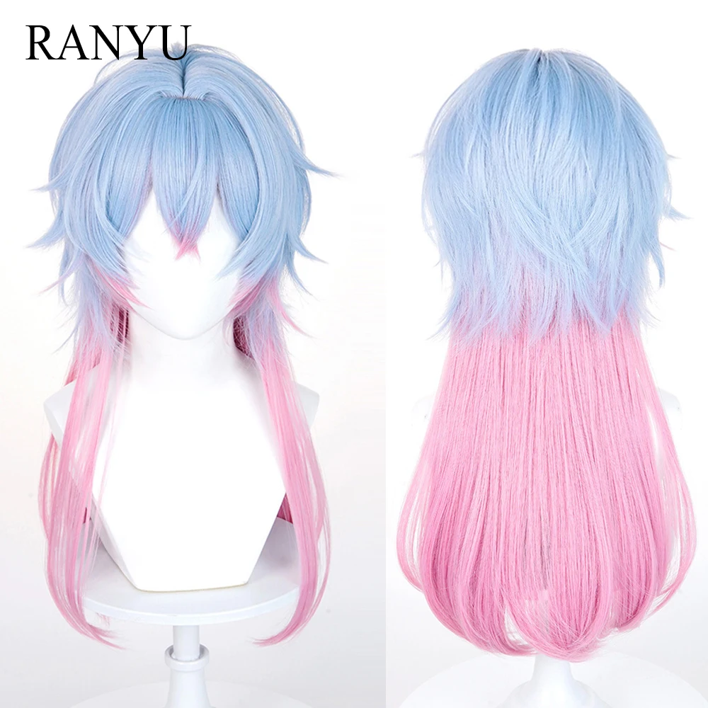 

Synthetic Short Curly Blue Gradient Pink Wig with Bangs for Woman Daily Cosplay Anime Lolita Party Wig Heat Resistant