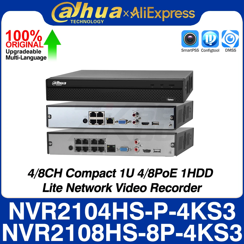 

Dahua NVR2104HS-P-4KS3 NVR2108HS-8P-4KS3 4/8CH Compact 1U 4/8PoE 1HDD Lite Network Video Recorder Smart H.265+ SMD Plus 12MP MAX