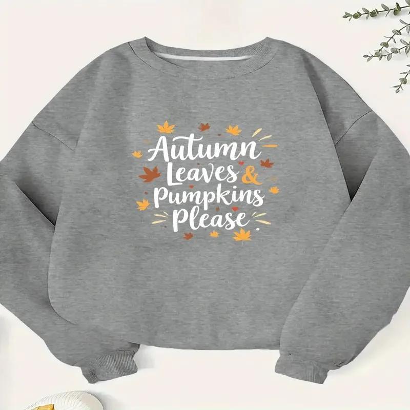 Fall Winter Clothes Female Women Plus Size Sweatshirt Autumn Leaves Pumpkins Please White Text Elegant Fashionable Comfortable