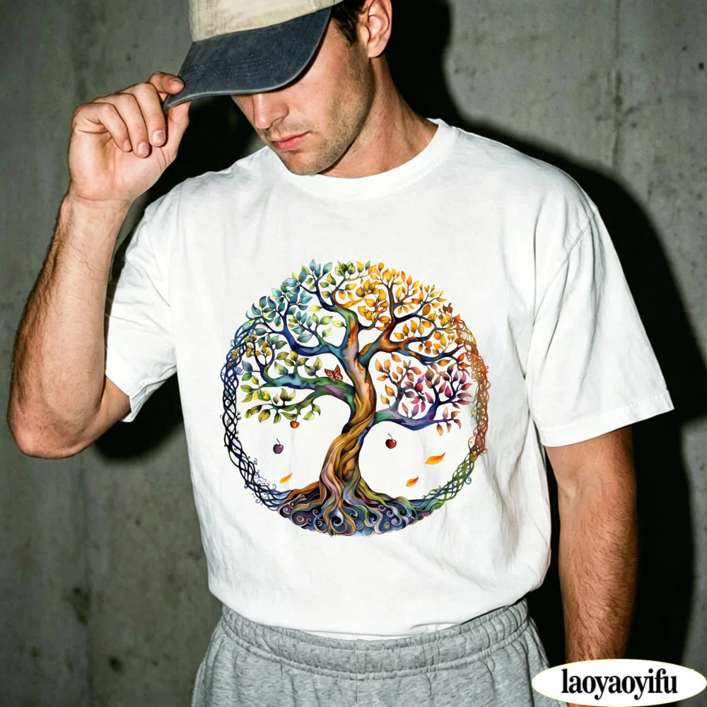 Tree Of Life Graphic T-Shirt Men Vintage Watercolor Rainbow Life Tree Print Tee Casual Soft Cotton Short Sleeve Tops