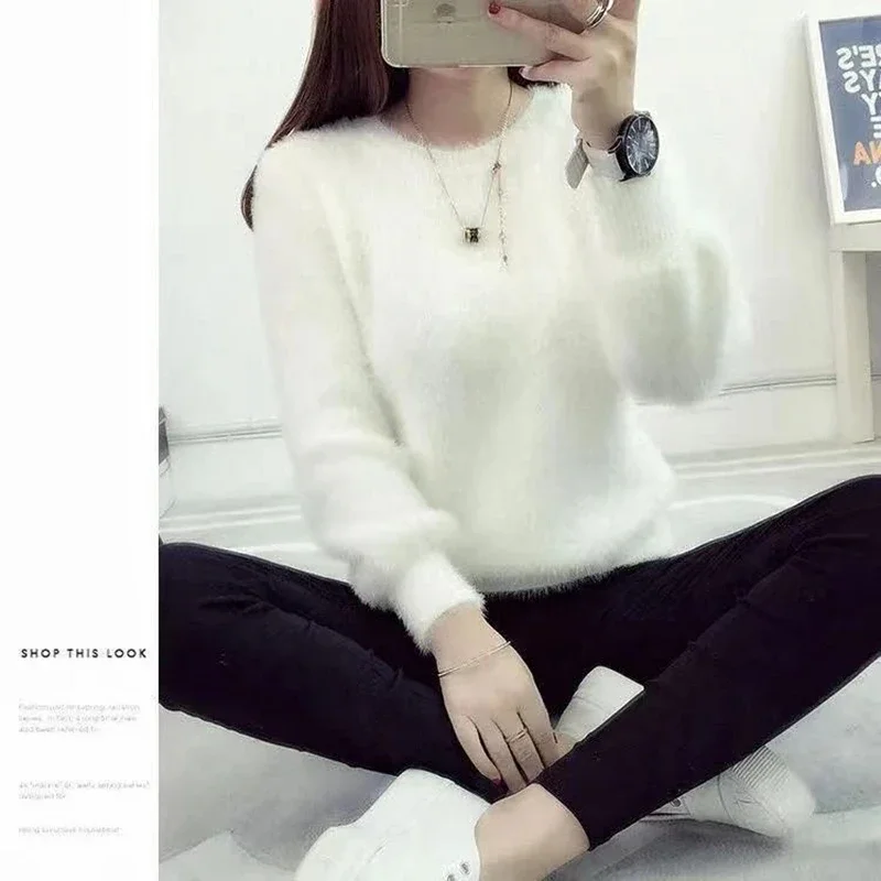 Winter Imitate Mink Wool Hot Fleecing Female O-neck Long Puff Sleeve  Elastic Casual Sweater Women Knitted Tops Pullovers Solid