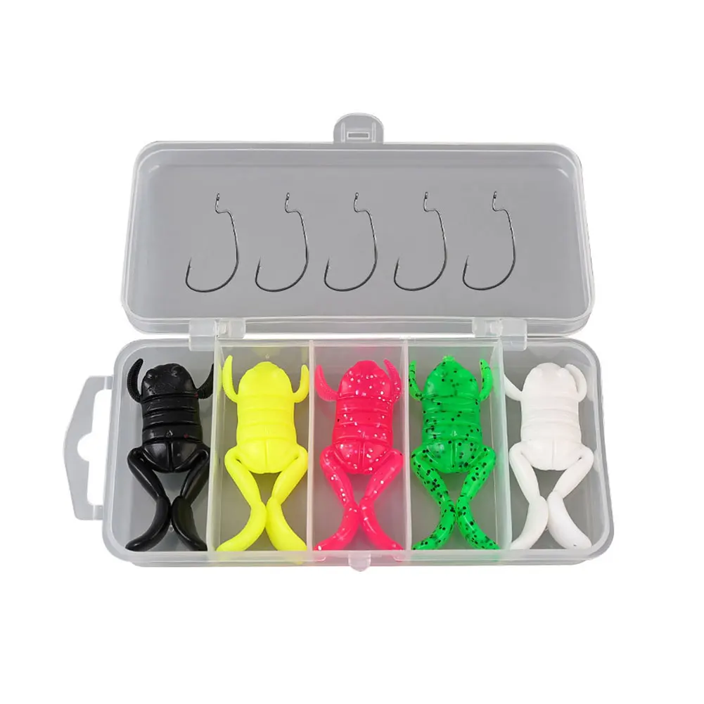 

5pcs Frog Bait with 5pcs Fishing Hooks Frog Fishing Lure Floating Kick Frog Soft Lure Fishing Bait for Bass Blackfish