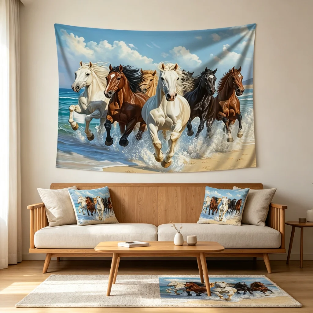 1PC Horses Running Beach Ocean View Print Backdrop Banner, Bedroom Living Room Photo Background, Polyester, Home Decor, Wall Art