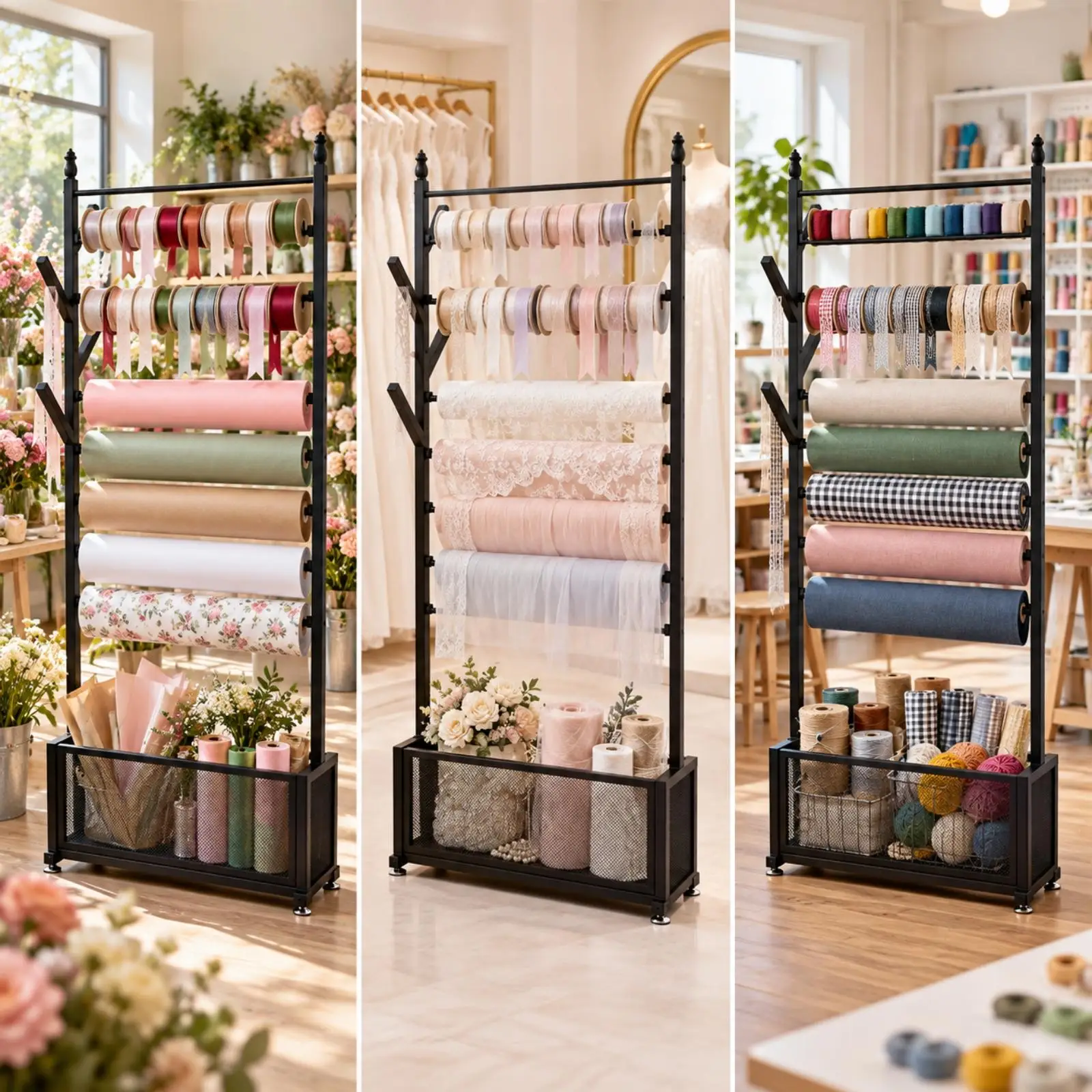 Vertical Display Rack with Hanging Rods Versatile Roll and Ribbon Display Rack Freestanding for Craft Room, Wrapping Station